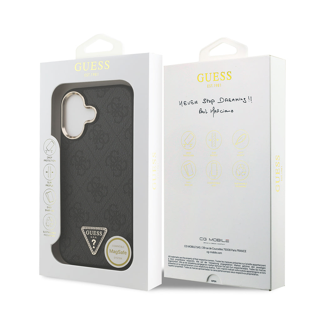 iPhone 17 Kılıf Guess Orjinal Lisanslı M-safe Şarj Özellikli Gold Metal Kamera Çerçeveli Taşlı Üçgen Logo 4G Desenli Kapak