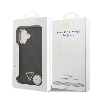 iPhone 17 Kılıf Guess Orjinal Lisanslı M-safe Şarj Özellikli Gold Metal Kamera Çerçeveli Taşlı Üçgen Logo 4G Desenli Kapak