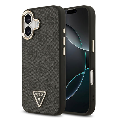 iPhone 17 Kılıf Guess Orjinal Lisanslı M-safe Şarj Özellikli Gold Metal Kamera Çerçeveli Taşlı Üçgen Logo 4G Desenli Kapak