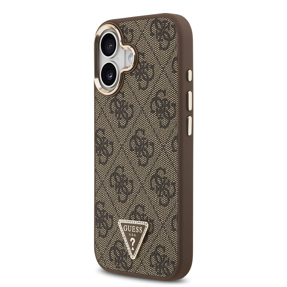 iPhone 17 Kılıf Guess Orjinal Lisanslı M-safe Şarj Özellikli Gold Metal Kamera Çerçeveli Taşlı Üçgen Logo 4G Desenli Kapak