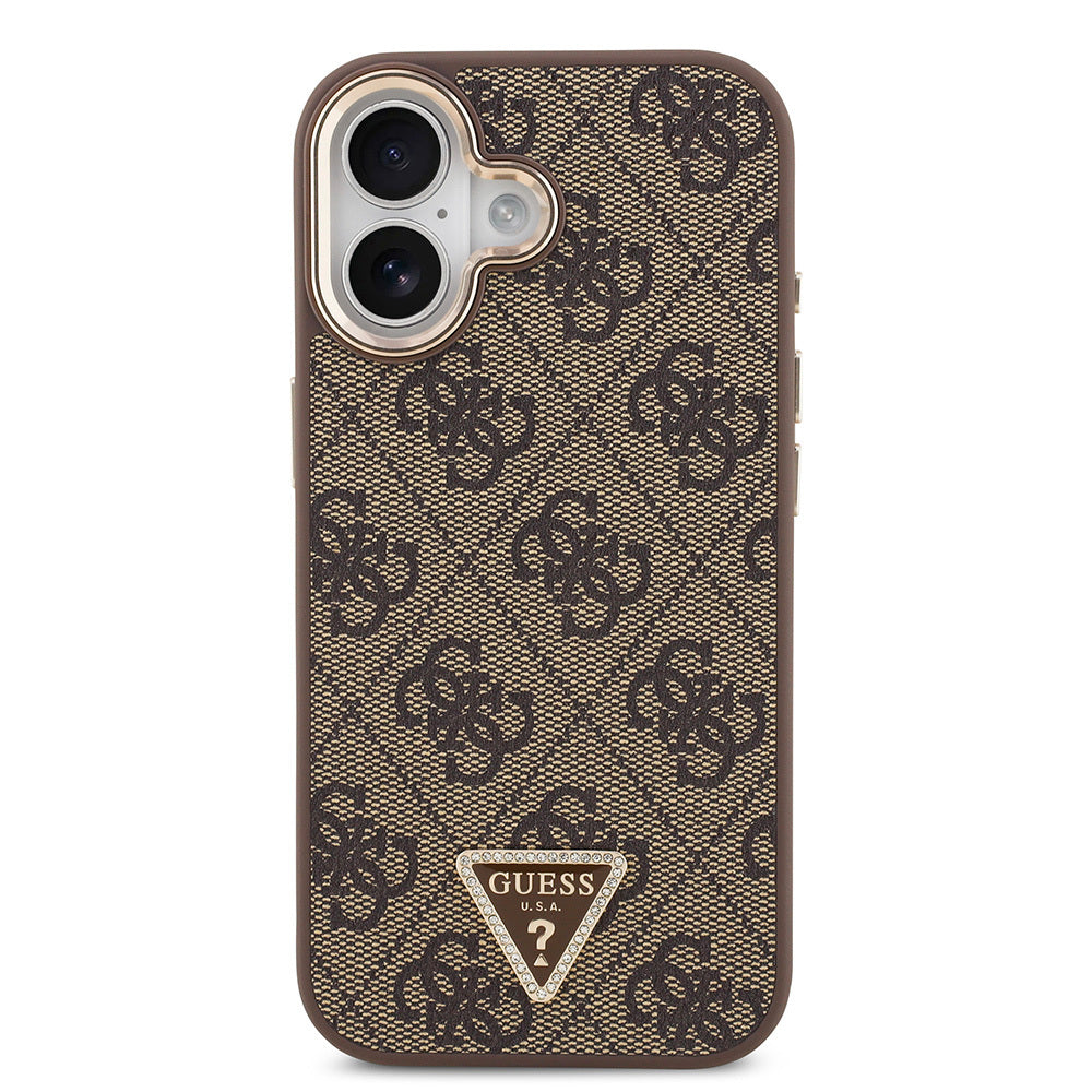 iPhone 17 Kılıf Guess Orjinal Lisanslı M-safe Şarj Özellikli Gold Metal Kamera Çerçeveli Taşlı Üçgen Logo 4G Desenli Kapak