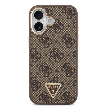 iPhone 17 Kılıf Guess Orjinal Lisanslı M-safe Şarj Özellikli Gold Metal Kamera Çerçeveli Taşlı Üçgen Logo 4G Desenli Kapak