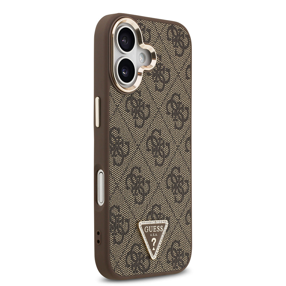 iPhone 17 Kılıf Guess Orjinal Lisanslı M-safe Şarj Özellikli Gold Metal Kamera Çerçeveli Taşlı Üçgen Logo 4G Desenli Kapak