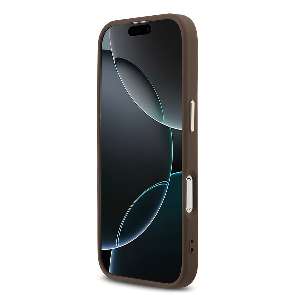 iPhone 17 Kılıf Guess Orjinal Lisanslı M-safe Şarj Özellikli Gold Metal Kamera Çerçeveli Taşlı Üçgen Logo 4G Desenli Kapak