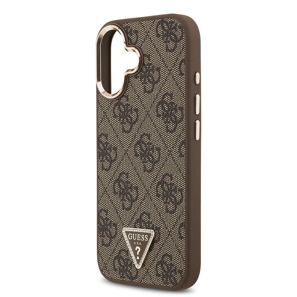 iPhone 17 Kılıf Guess Orjinal Lisanslı M-safe Şarj Özellikli Gold Metal Kamera Çerçeveli Taşlı Üçgen Logo 4G Desenli Kapak