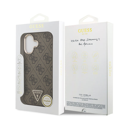 iPhone 17 Kılıf Guess Orjinal Lisanslı M-safe Şarj Özellikli Gold Metal Kamera Çerçeveli Taşlı Üçgen Logo 4G Desenli Kapak