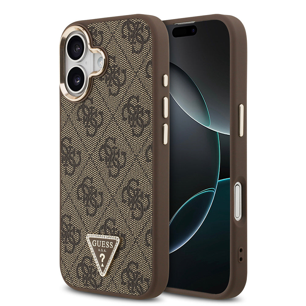 iPhone 17 Kılıf Guess Orjinal Lisanslı M-safe Şarj Özellikli Gold Metal Kamera Çerçeveli Taşlı Üçgen Logo 4G Desenli Kapak