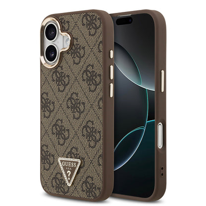 iPhone 17 Kılıf Guess Orjinal Lisanslı M-safe Şarj Özellikli Gold Metal Kamera Çerçeveli Taşlı Üçgen Logo 4G Desenli Kapak