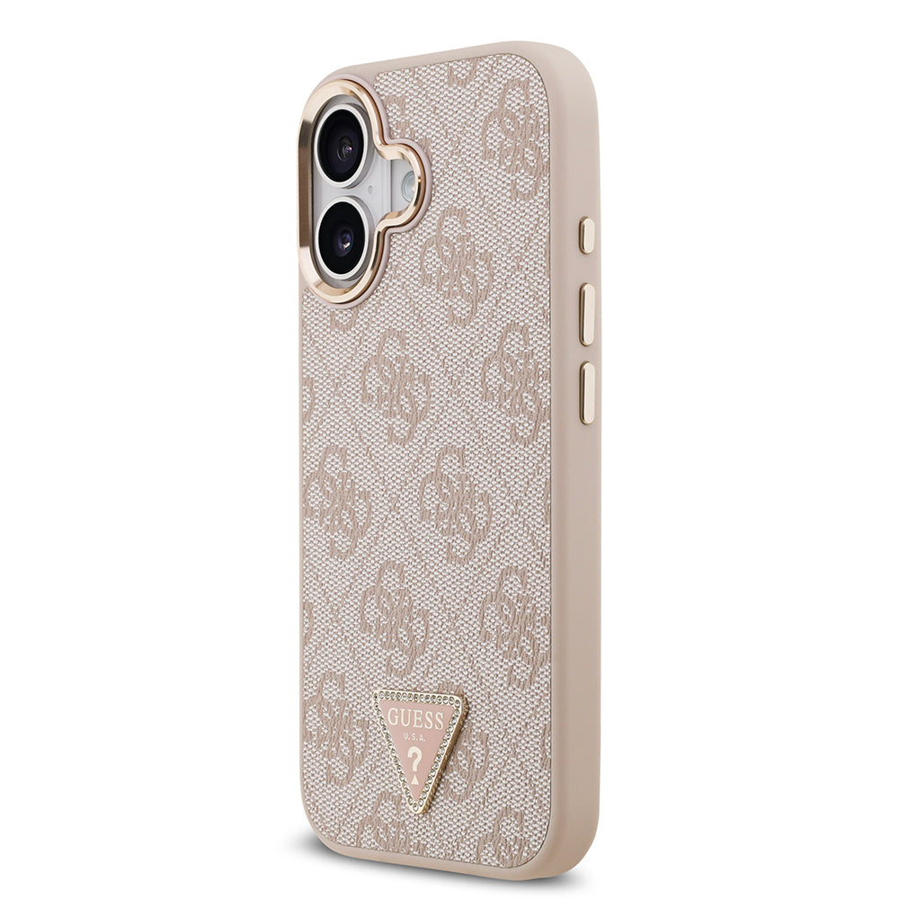 iPhone 17 Kılıf Guess Orjinal Lisanslı M-safe Şarj Özellikli Gold Metal Kamera Çerçeveli Taşlı Üçgen Logo 4G Desenli Kapak