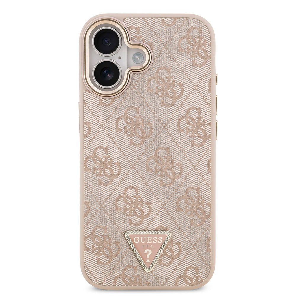 iPhone 17 Kılıf Guess Orjinal Lisanslı M-safe Şarj Özellikli Gold Metal Kamera Çerçeveli Taşlı Üçgen Logo 4G Desenli Kapak