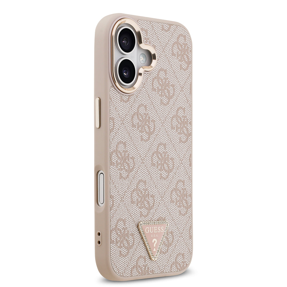iPhone 17 Kılıf Guess Orjinal Lisanslı M-safe Şarj Özellikli Gold Metal Kamera Çerçeveli Taşlı Üçgen Logo 4G Desenli Kapak