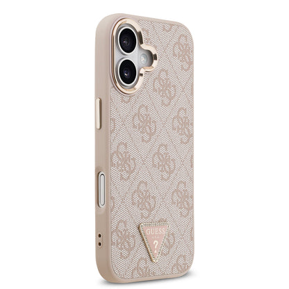 iPhone 17 Kılıf Guess Orjinal Lisanslı M-safe Şarj Özellikli Gold Metal Kamera Çerçeveli Taşlı Üçgen Logo 4G Desenli Kapak