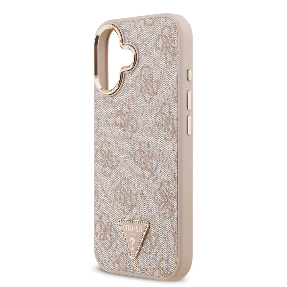 iPhone 17 Kılıf Guess Orjinal Lisanslı M-safe Şarj Özellikli Gold Metal Kamera Çerçeveli Taşlı Üçgen Logo 4G Desenli Kapak