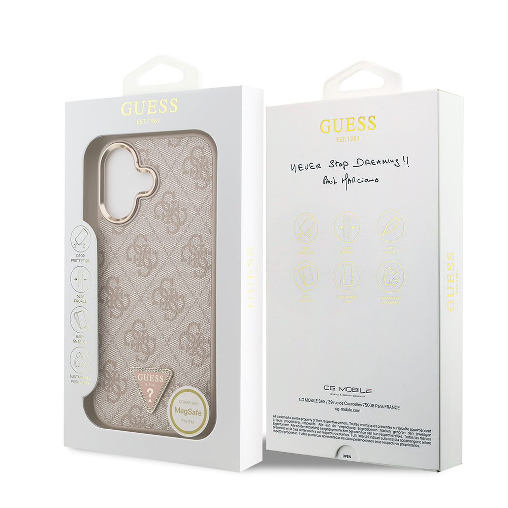 iPhone 17 Kılıf Guess Orjinal Lisanslı M-safe Şarj Özellikli Gold Metal Kamera Çerçeveli Taşlı Üçgen Logo 4G Desenli Kapak