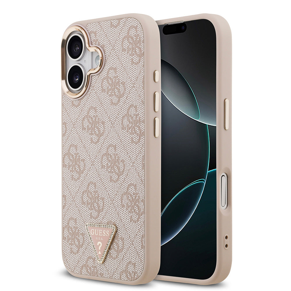 iPhone 17 Kılıf Guess Orjinal Lisanslı M-safe Şarj Özellikli Gold Metal Kamera Çerçeveli Taşlı Üçgen Logo 4G Desenli Kapak