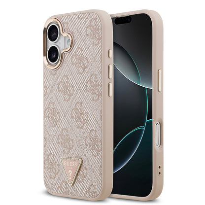 iPhone 17 Kılıf Guess Orjinal Lisanslı M-safe Şarj Özellikli Gold Metal Kamera Çerçeveli Taşlı Üçgen Logo 4G Desenli Kapak