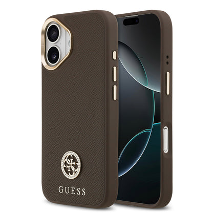 iPhone 17 Kılıf Guess Orjinal Lisanslı M-safe Şarj Özellikli Grained Yazı ve Taşlı 4G Logolu Kapak