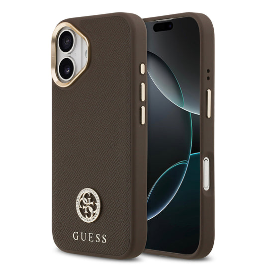 iPhone 17 Kılıf Guess Orjinal Lisanslı M-safe Şarj Özellikli Grained Yazı ve Taşlı 4G Logolu Kapak