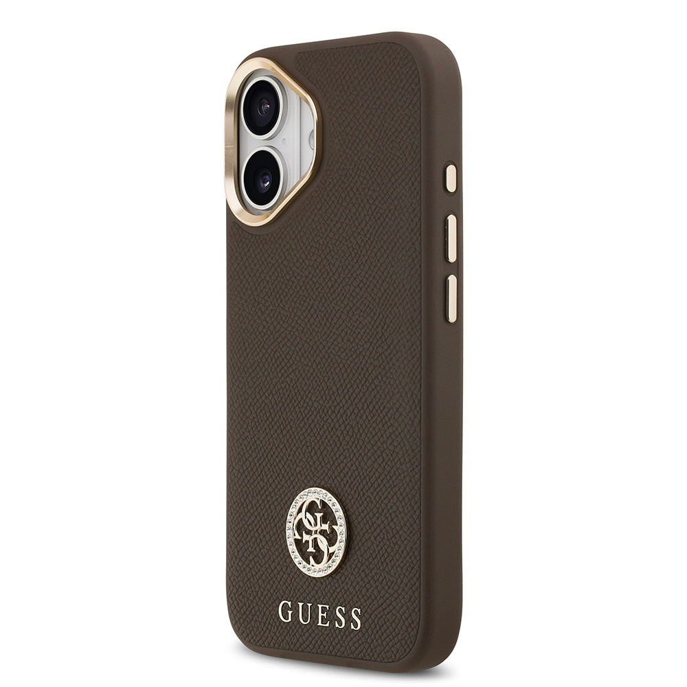 iPhone 17 Kılıf Guess Orjinal Lisanslı M-safe Şarj Özellikli Grained Yazı ve Taşlı 4G Logolu Kapak