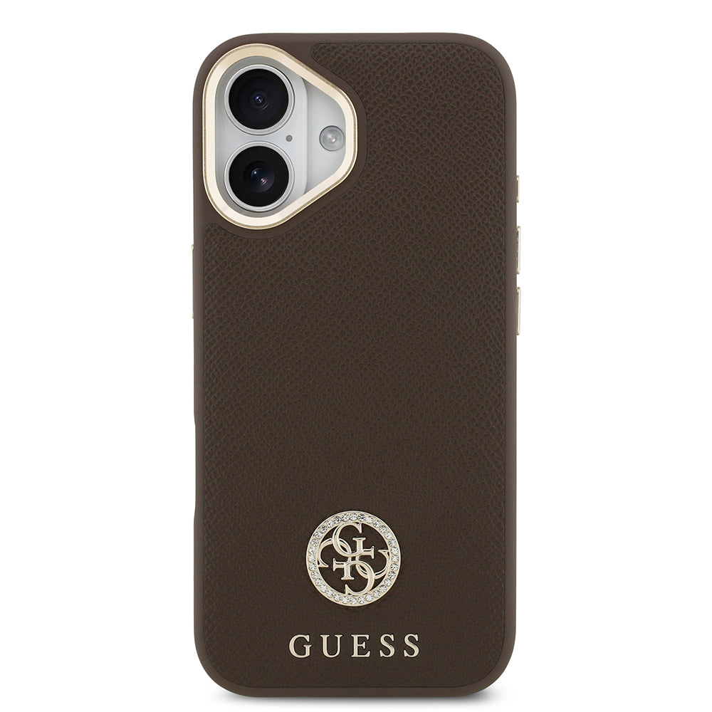 iPhone 17 Kılıf Guess Orjinal Lisanslı M-safe Şarj Özellikli Grained Yazı ve Taşlı 4G Logolu Kapak