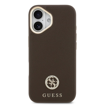iPhone 17 Kılıf Guess Orjinal Lisanslı M-safe Şarj Özellikli Grained Yazı ve Taşlı 4G Logolu Kapak