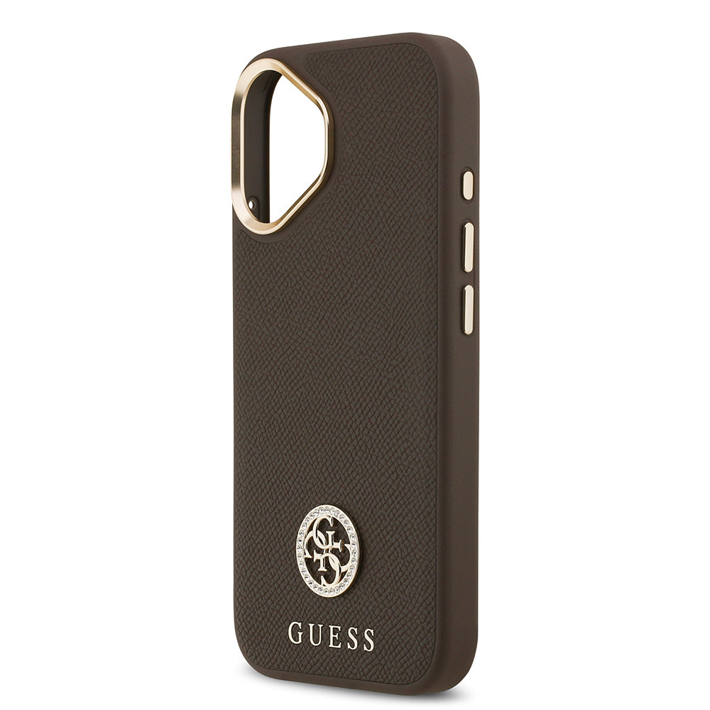 iPhone 17 Kılıf Guess Orjinal Lisanslı M-safe Şarj Özellikli Grained Yazı ve Taşlı 4G Logolu Kapak