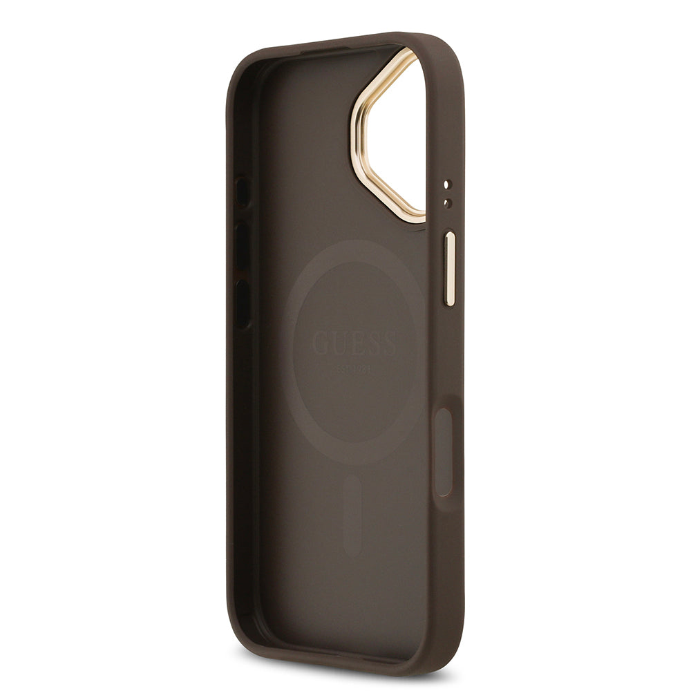 iPhone 17 Kılıf Guess Orjinal Lisanslı M-safe Şarj Özellikli Grained Yazı ve Taşlı 4G Logolu Kapak