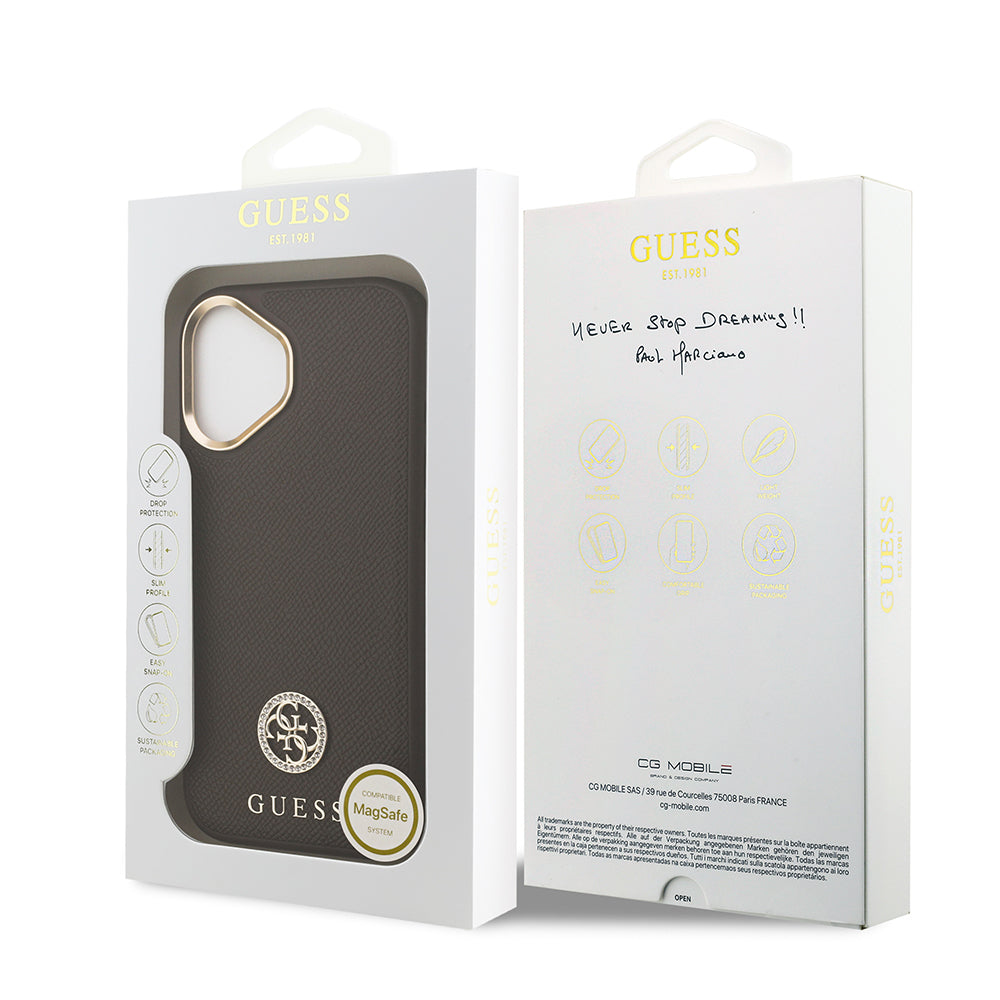 iPhone 17 Kılıf Guess Orjinal Lisanslı M-safe Şarj Özellikli Grained Yazı ve Taşlı 4G Logolu Kapak
