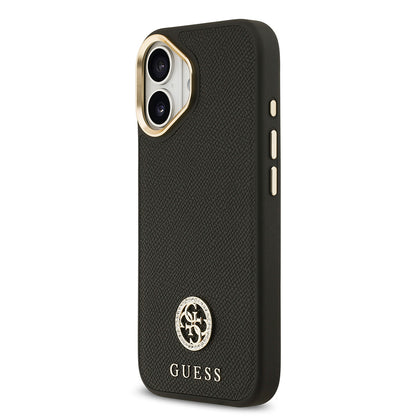 iPhone 17 Kılıf Guess Orjinal Lisanslı M-safe Şarj Özellikli Grained Yazı ve Taşlı 4G Logolu Kapak