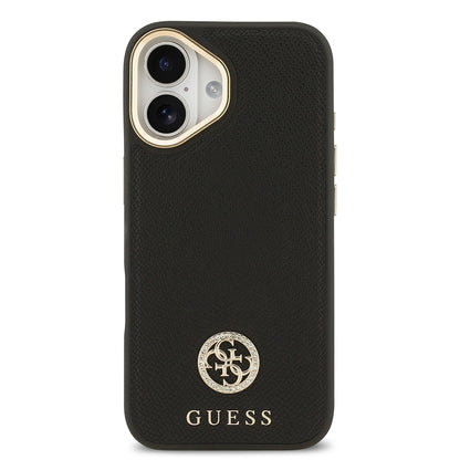 iPhone 17 Kılıf Guess Orjinal Lisanslı M-safe Şarj Özellikli Grained Yazı ve Taşlı 4G Logolu Kapak
