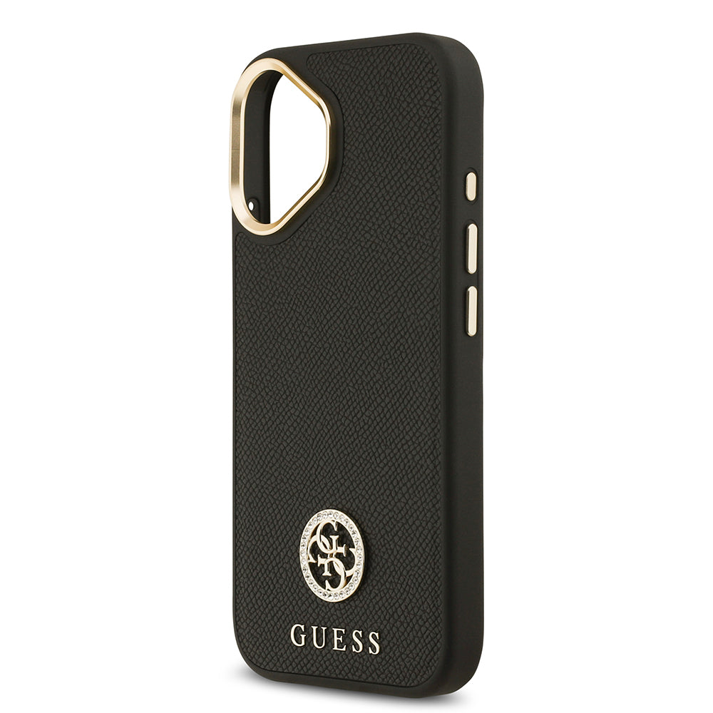 iPhone 17 Kılıf Guess Orjinal Lisanslı M-safe Şarj Özellikli Grained Yazı ve Taşlı 4G Logolu Kapak