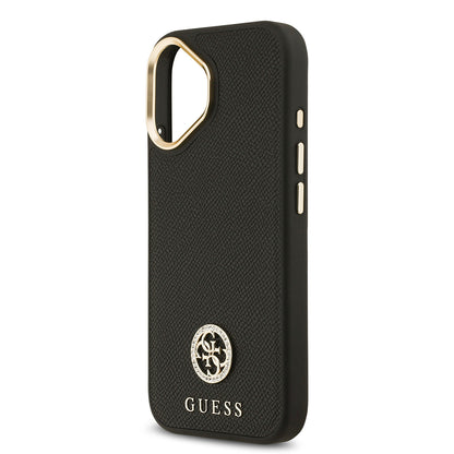 iPhone 17 Kılıf Guess Orjinal Lisanslı M-safe Şarj Özellikli Grained Yazı ve Taşlı 4G Logolu Kapak