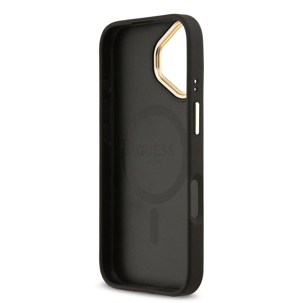 iPhone 17 Kılıf Guess Orjinal Lisanslı M-safe Şarj Özellikli Grained Yazı ve Taşlı 4G Logolu Kapak