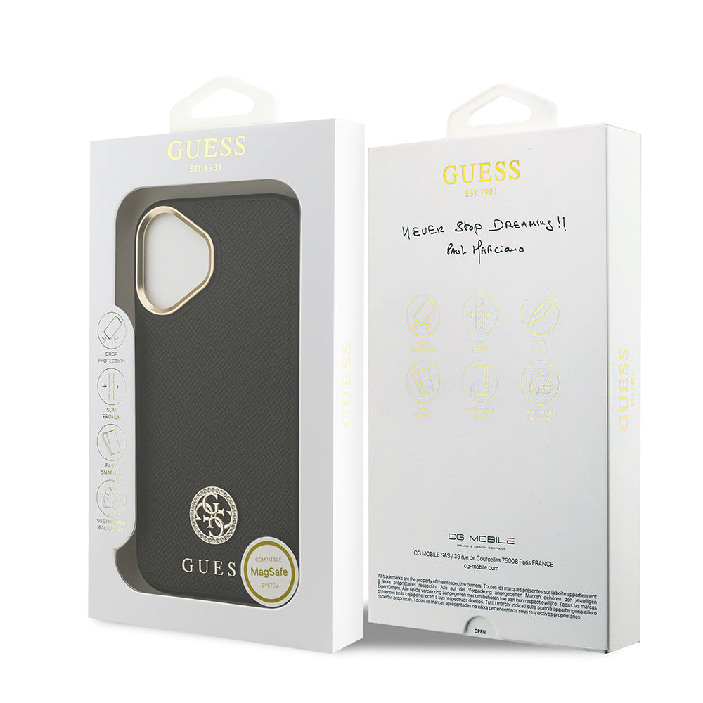 iPhone 17 Kılıf Guess Orjinal Lisanslı M-safe Şarj Özellikli Grained Yazı ve Taşlı 4G Logolu Kapak