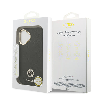 iPhone 17 Kılıf Guess Orjinal Lisanslı M-safe Şarj Özellikli Grained Yazı ve Taşlı 4G Logolu Kapak
