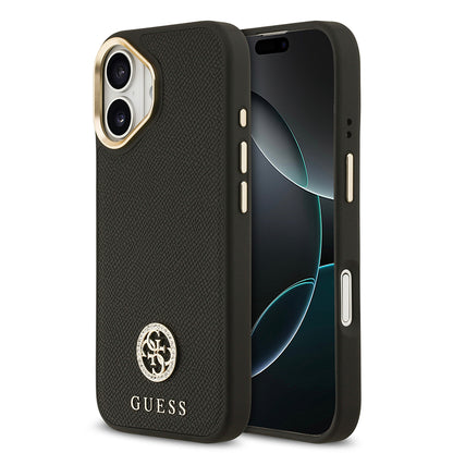 iPhone 17 Kılıf Guess Orjinal Lisanslı M-safe Şarj Özellikli Grained Yazı ve Taşlı 4G Logolu Kapak