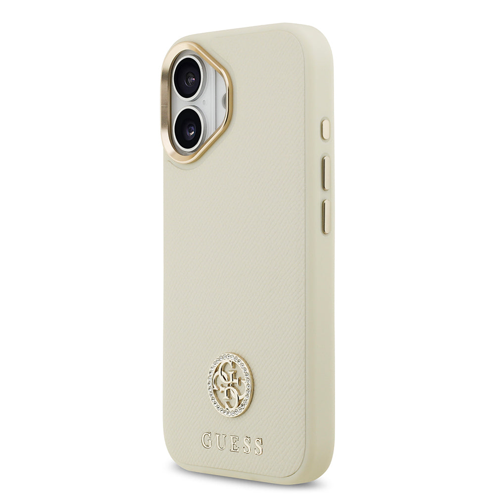 iPhone 17 Kılıf Guess Orjinal Lisanslı M-safe Şarj Özellikli Grained Yazı ve Taşlı 4G Logolu Kapak