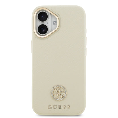 iPhone 17 Kılıf Guess Orjinal Lisanslı M-safe Şarj Özellikli Grained Yazı ve Taşlı 4G Logolu Kapak