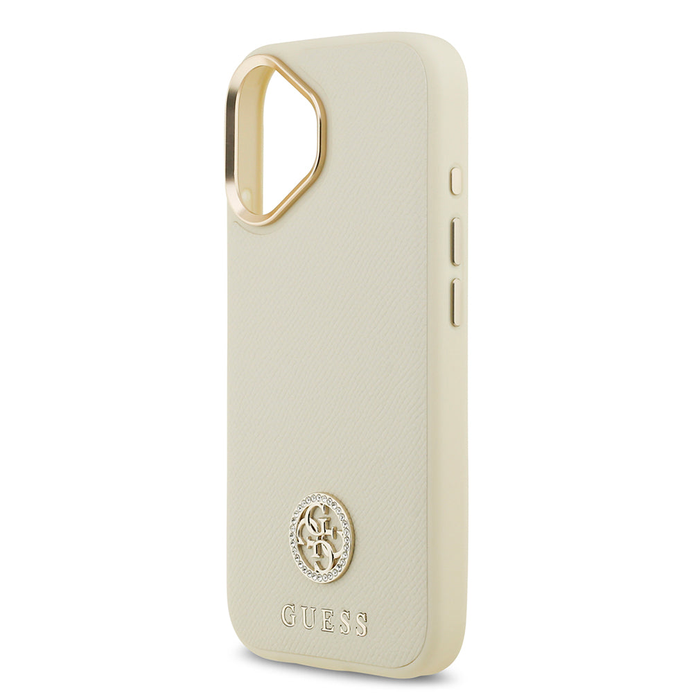 iPhone 17 Kılıf Guess Orjinal Lisanslı M-safe Şarj Özellikli Grained Yazı ve Taşlı 4G Logolu Kapak