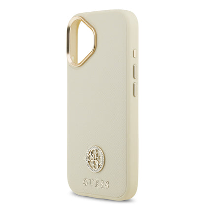 iPhone 17 Kılıf Guess Orjinal Lisanslı M-safe Şarj Özellikli Grained Yazı ve Taşlı 4G Logolu Kapak