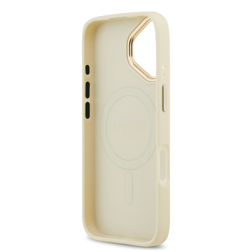 iPhone 17 Kılıf Guess Orjinal Lisanslı M-safe Şarj Özellikli Grained Yazı ve Taşlı 4G Logolu Kapak