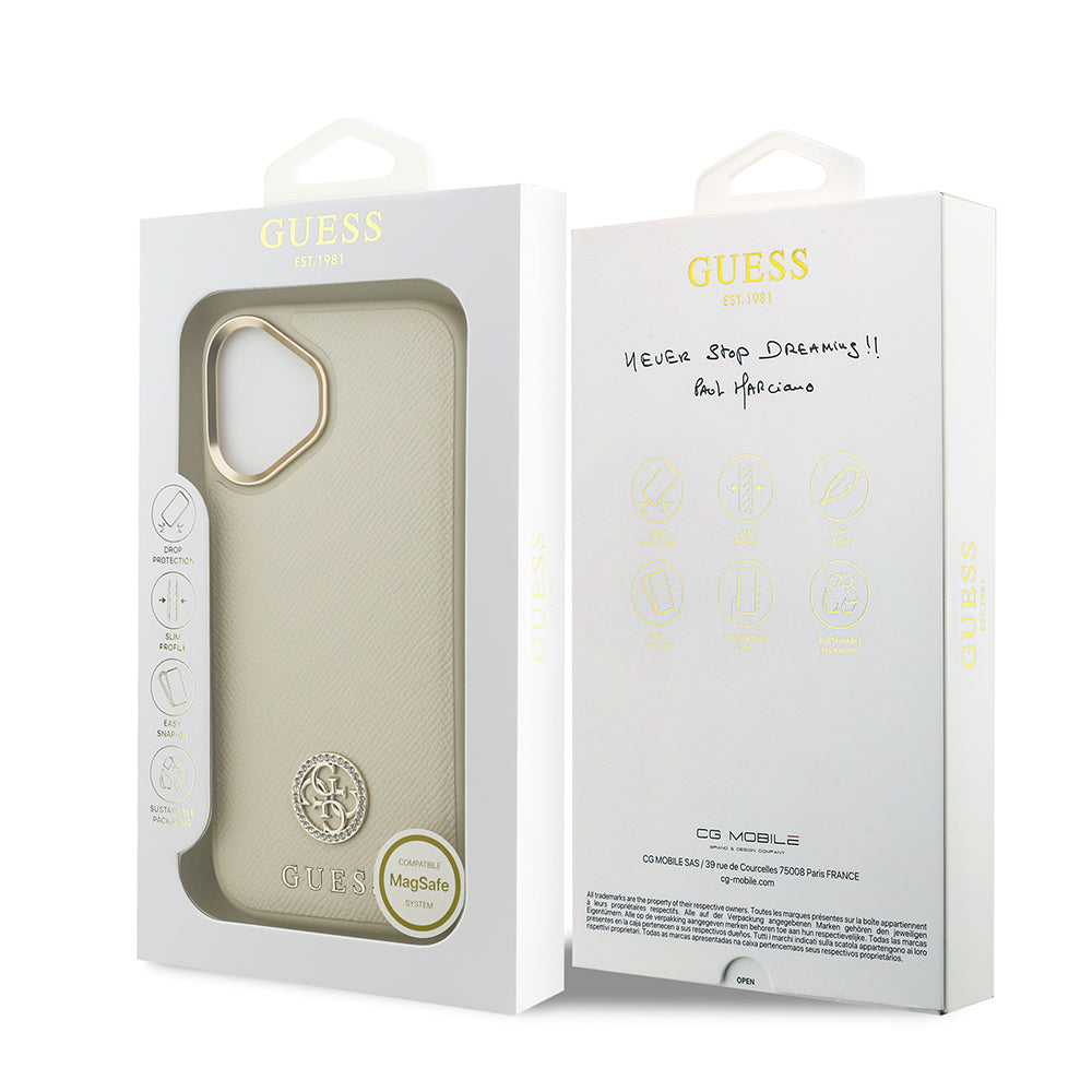 iPhone 17 Kılıf Guess Orjinal Lisanslı M-safe Şarj Özellikli Grained Yazı ve Taşlı 4G Logolu Kapak