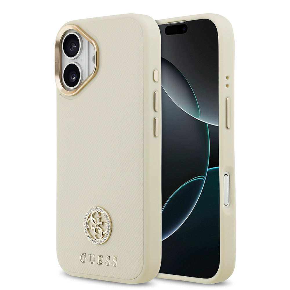 iPhone 17 Kılıf Guess Orjinal Lisanslı M-safe Şarj Özellikli Grained Yazı ve Taşlı 4G Logolu Kapak