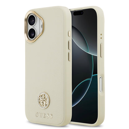 iPhone 17 Kılıf Guess Orjinal Lisanslı M-safe Şarj Özellikli Grained Yazı ve Taşlı 4G Logolu Kapak