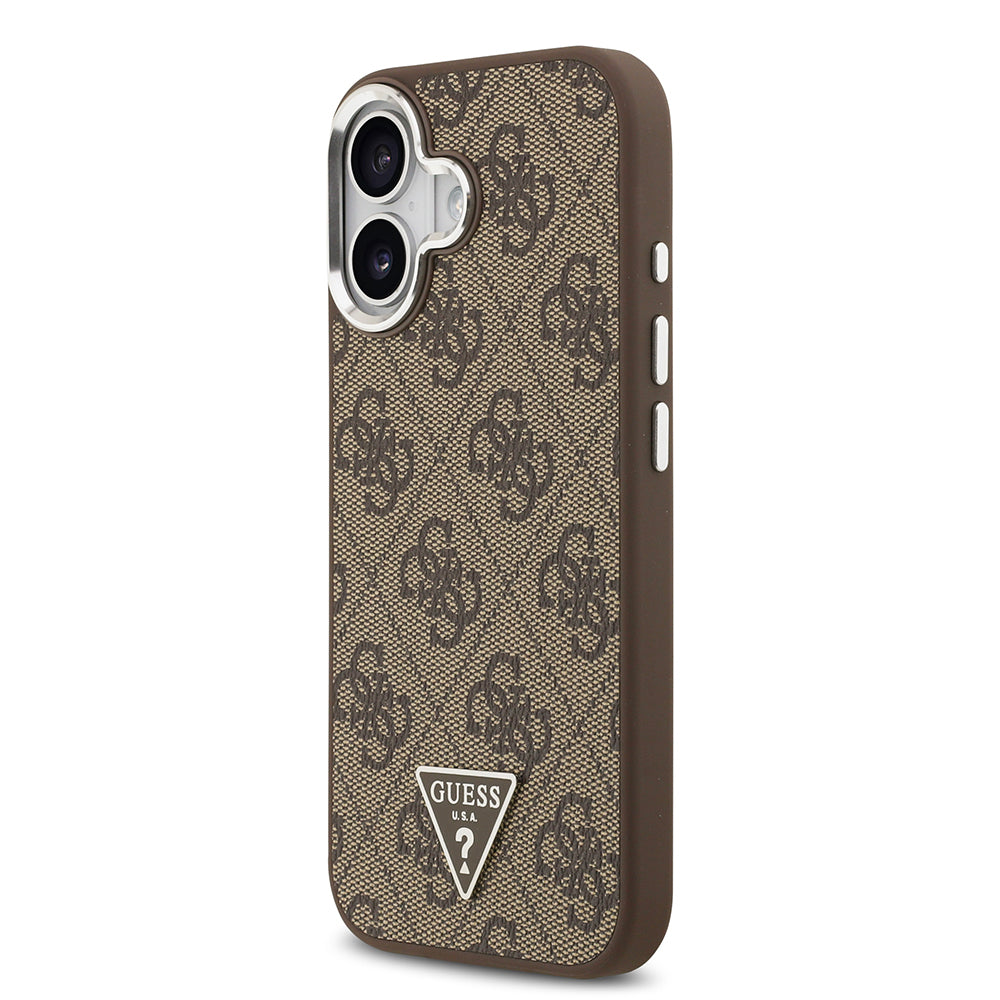 iPhone 17 Kılıf Guess Orjinal Lisanslı M-safe Şarj Özellikli Gümüş Metal Kamera Çerçeveli Üçgen Logo 4G Desenli Kapak