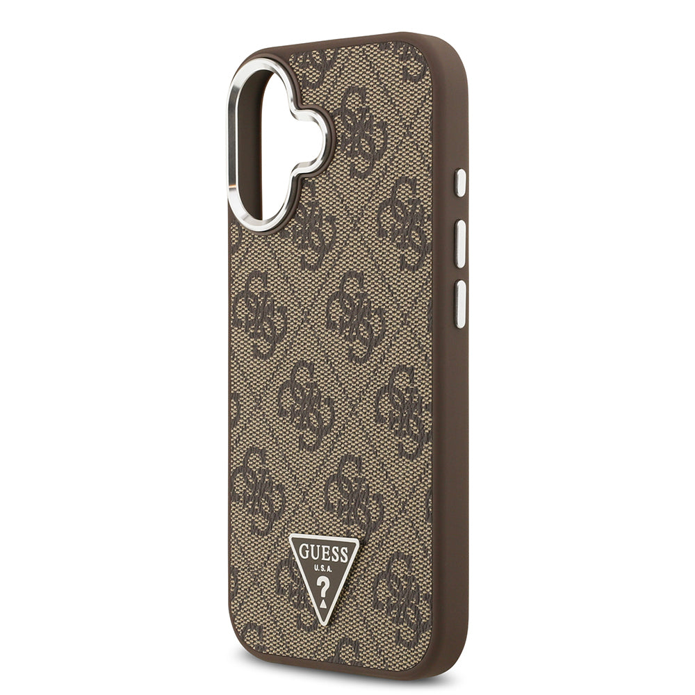 iPhone 17 Kılıf Guess Orjinal Lisanslı M-safe Şarj Özellikli Gümüş Metal Kamera Çerçeveli Üçgen Logo 4G Desenli Kapak