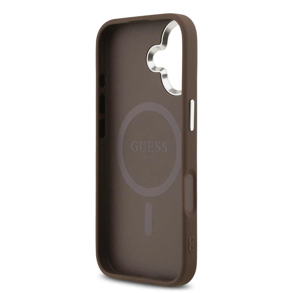 iPhone 17 Kılıf Guess Orjinal Lisanslı M-safe Şarj Özellikli Gümüş Metal Kamera Çerçeveli Üçgen Logo 4G Desenli Kapak