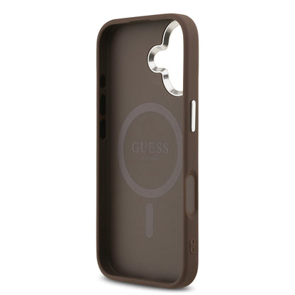 iPhone 17 Kılıf Guess Orjinal Lisanslı M-safe Şarj Özellikli Gümüş Metal Kamera Çerçeveli Üçgen Logo 4G Desenli Kapak
