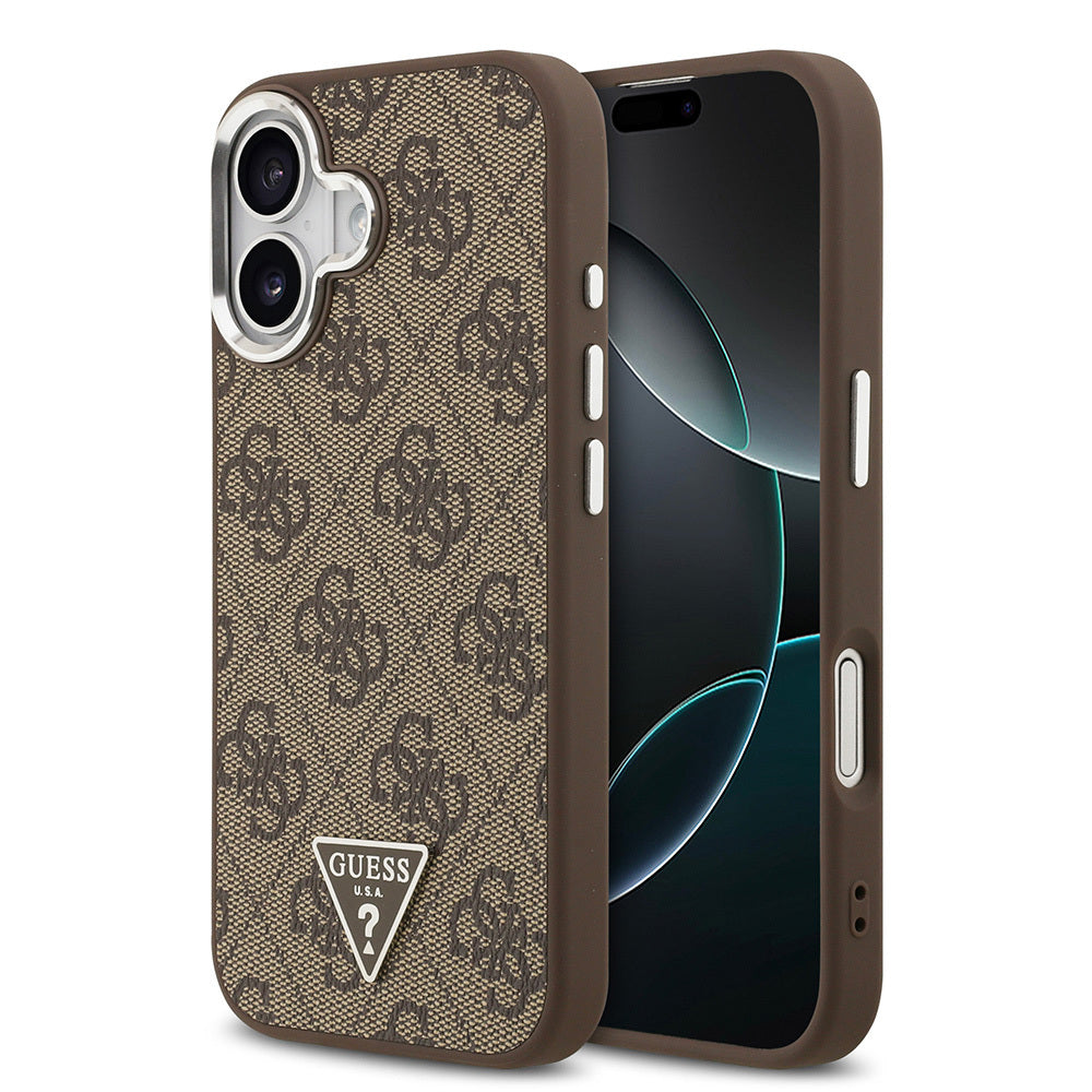 iPhone 17 Kılıf Guess Orjinal Lisanslı M-safe Şarj Özellikli Gümüş Metal Kamera Çerçeveli Üçgen Logo 4G Desenli Kapak