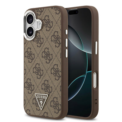 iPhone 17 Kılıf Guess Orjinal Lisanslı M-safe Şarj Özellikli Gümüş Metal Kamera Çerçeveli Üçgen Logo 4G Desenli Kapak